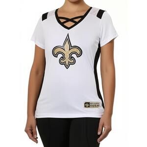 Majestic Saints T Shirt Womens White Black Criss Cross V Neck Bling Fan Size M